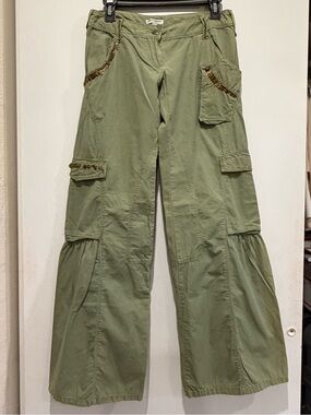 2001 Shargano Paris  Green Low Rise Cargo Pants w gold & stitch Trim Y2K  Pants